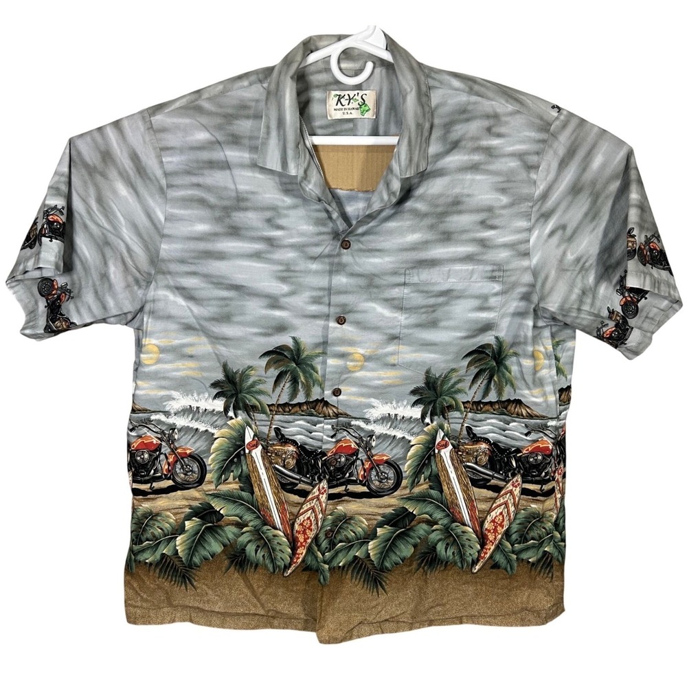 Vintage Motorcycle Hawaiian Shirt Surfboard Men's Size Large Made In USA